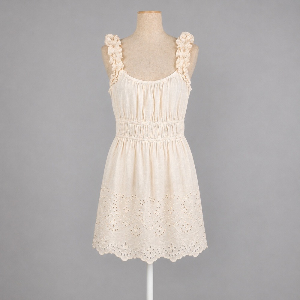 Eyelet Lace Babydoll Peasant Dress Size S Cream Ruffle Cottagecore Fairy Boho